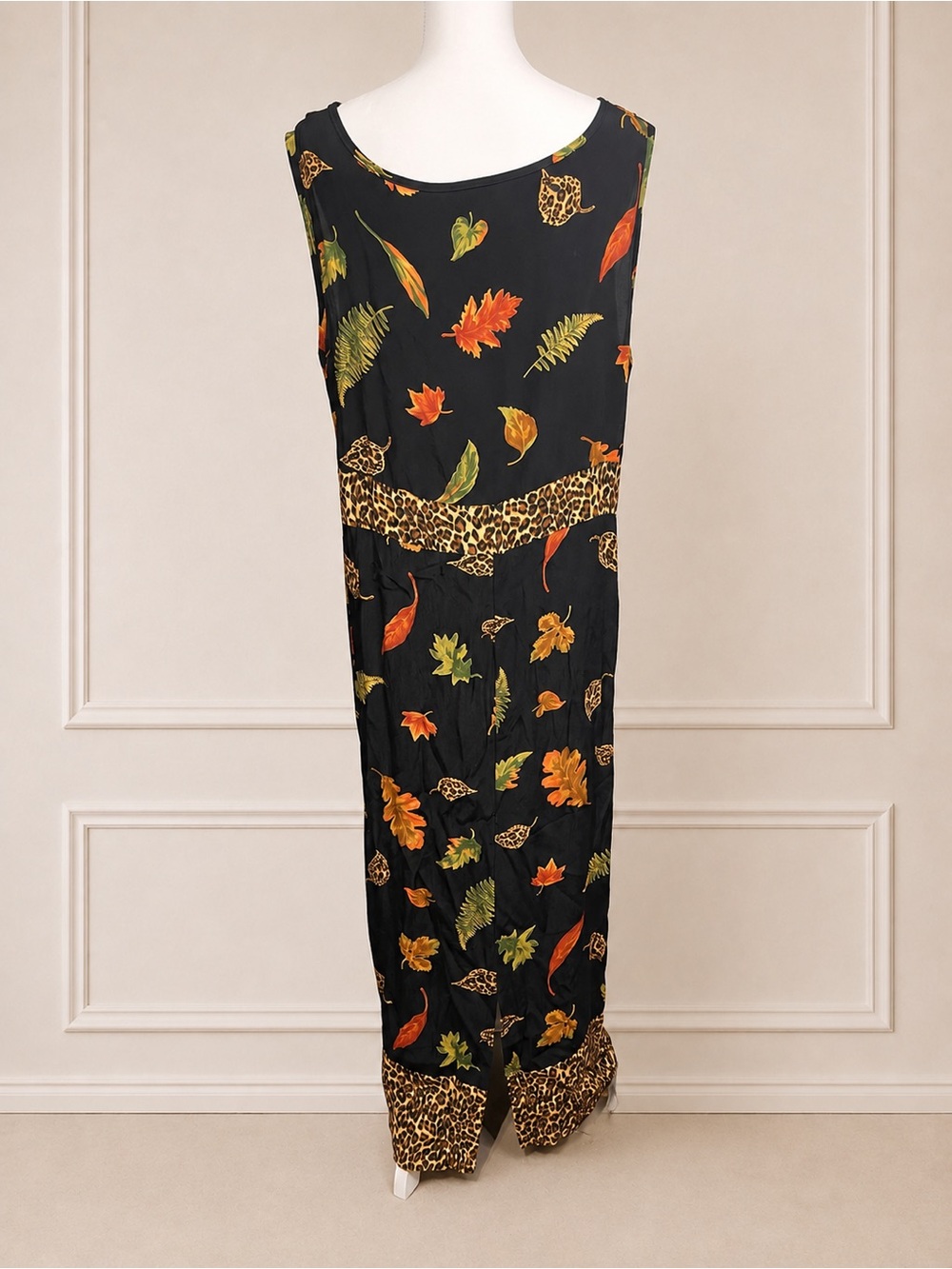 Vintage 90s CLIO 1X Black Autumn Leaf Leopard Print Rayon Maxi Dress Witchy Fall - Picture 4 of 8